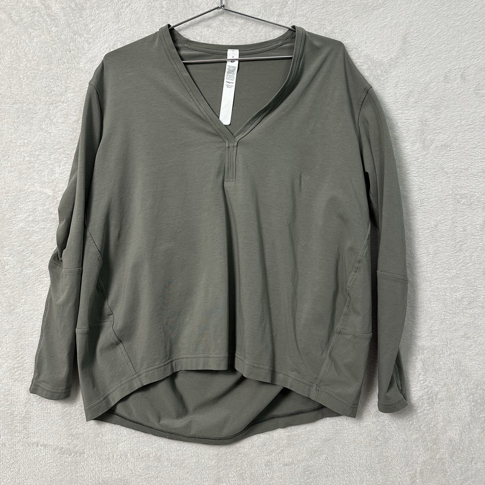 Lululemon Back In Action Shirt Pima Cotton Gray Sage V-Neck Size 6 READ